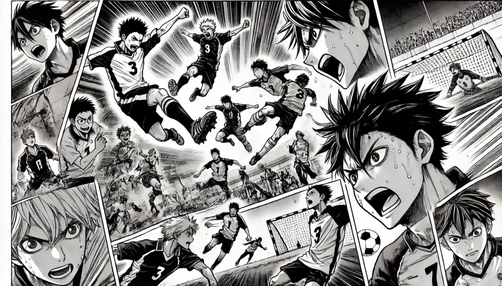 サッカーの選手たち　白黒漫画